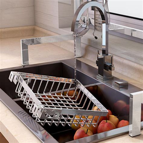 nt stainless steel adjustable telescopic kitchen over sink dish drying rack in. Stainless Steel Kitchen Shelf Rack Drying Drain Storage ...