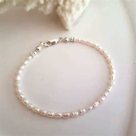 Dainty Freshwater Pearl Bracelet Sterling Silver Small 3 4mm White Real