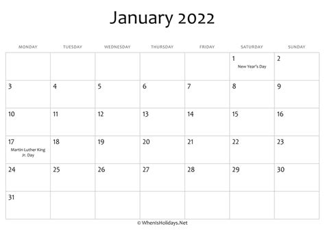 Free Printable January 2022 Calendar With Holidays Free Printable