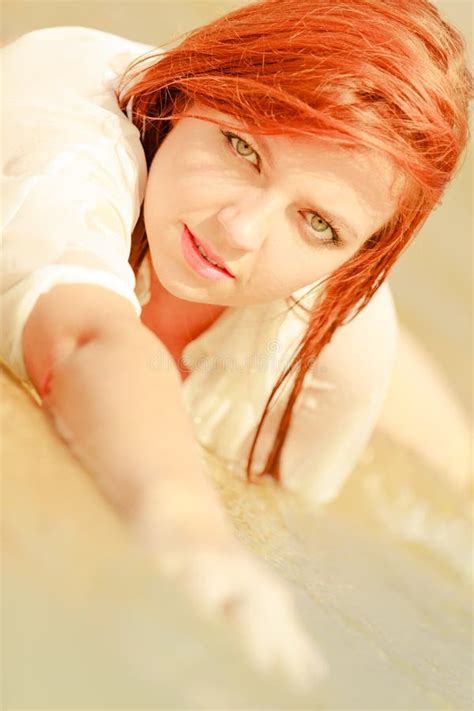 Redhead Woman Posing In Water During Summertime Stock Photo Image Of