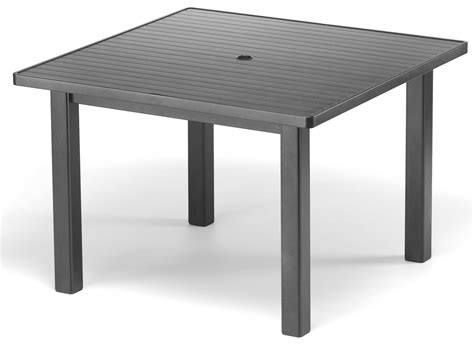 Black metal outdoor dining table with umbrella hole. Telescope Casual Aluminum Slat Top 42 Square Dining Table ...