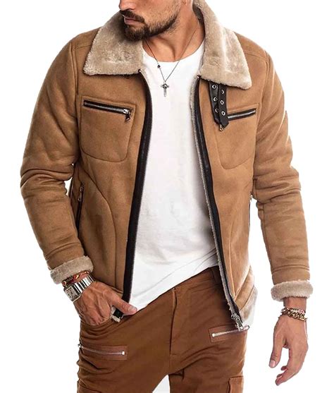 Mens Wje07 Casual Suede Brown Shearling Jacket Jackets Expert