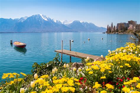 Flowers Mountains And Jetty On Lake Geneva Montreux Switzerland