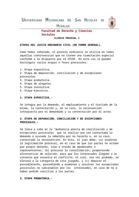 Etapas Del Juicio Ordinario Civil De Forma General Download Docx