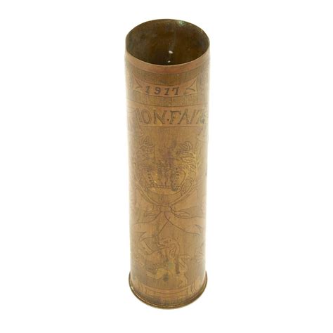 Original French Wwi Trench Art Engraved 75mm Brass Artillery Shell Dat