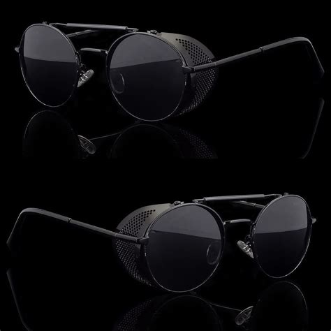 black vintage retro steampunk gothic side shield hipster round sunglasses