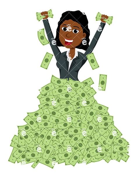 Poised Black Woman In Huge Pile Of Cash Vector Cartoon Friendlystock