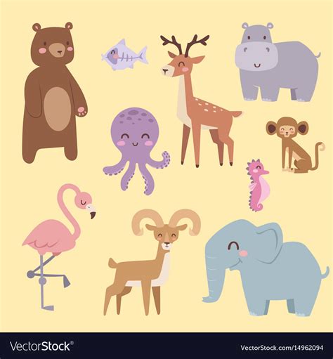 Cute Zoo Cartoon Animals Isolated Funny Wildlife Vector Image