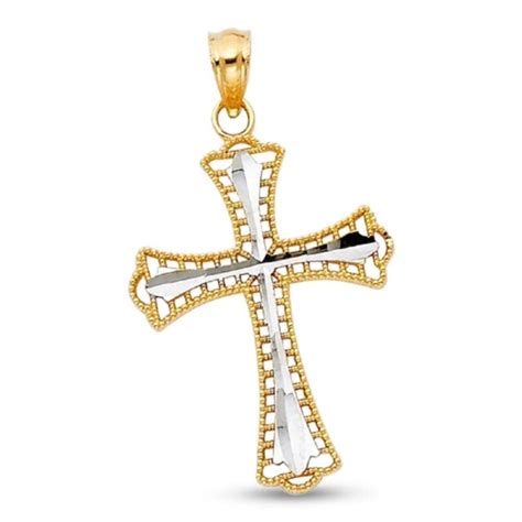 14k Yellow And White Gold Budded Cross Pendant Solid Beaded Design Charm