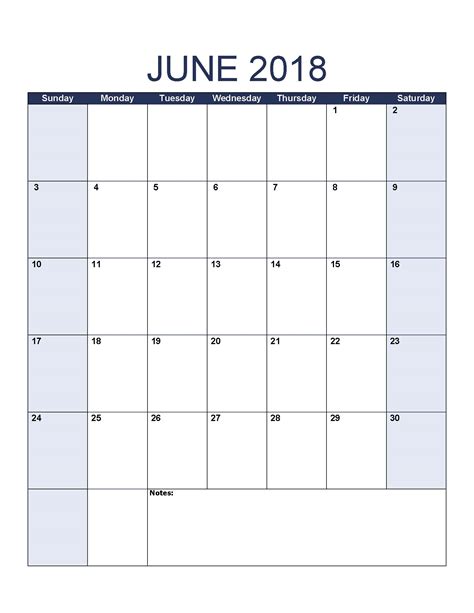 Blank June 2018 Calendar To Print