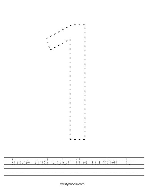 Trace And Color The Number 1 Worksheet Twisty Noodle