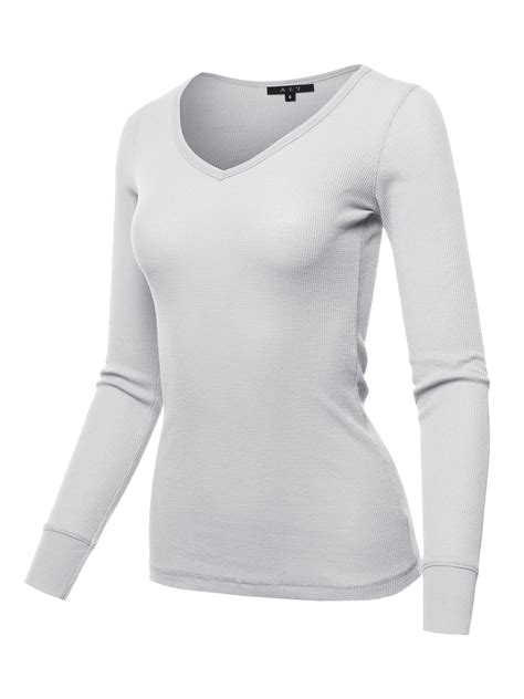 A2y Womens Basic Solid Long Sleeve V Neck Fitted Thermal Top Shirt White S
