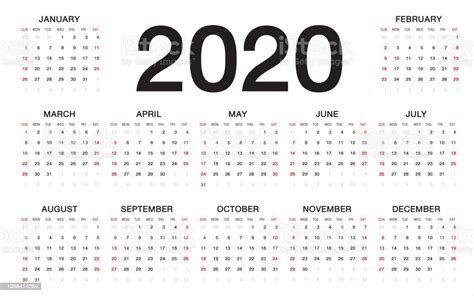 Calendar 2020 Week Starts From Sunday Business Template Stock