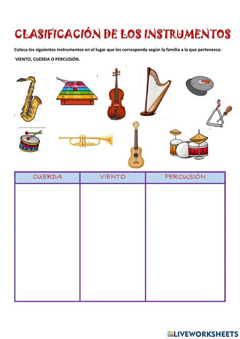 A Sheet With Musical Instruments On It And The Words Clasificacion De
