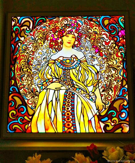 Illuminated Painting Panel Stained Glass Portrait Of A Girl Alphonse