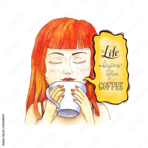 Girl Drinking Coffee In The Morning Watercolor Illustration Handdrawn