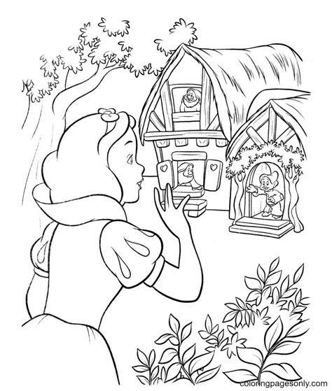Snow White Goes To The House Of The Seven Dwarfs Coloring Page Free