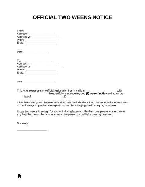 A resignation letter is an official letter sent by an employee to their employer giving notice they will no longer be working at the company. Free Two Weeks Notice Letter | Templates & Samples - PDF ...