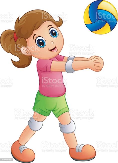 Cartoon Girl Playing Volleyball On A White Background Stock