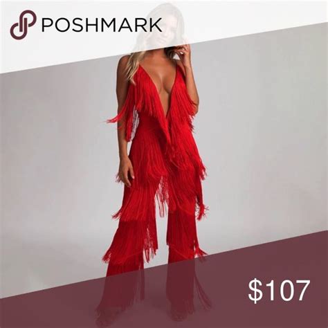 Red Tassel Fringe Plunge Neckline Jumpsuit Clothes Design Plunging