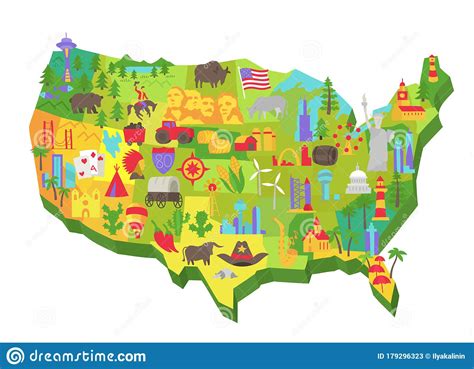 Illustrated Usa Tourist Attraction On The Map United States Of America