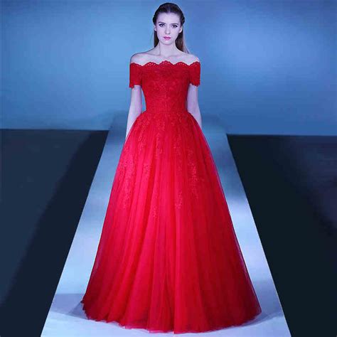 Red Prom Dress 2017 A Line Boat Neck Off Shoulder Sexy Backless Lace