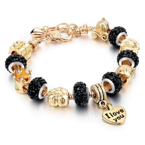 Pandora Bracelet Plated With 14k Gold Charms Black Crystal Etsy
