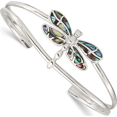 Sterling Silver Abalone Dragonfly Bangle Bracelet Made In Thailand