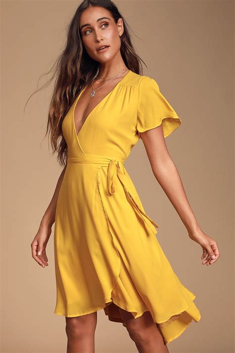 Lovely Golden Yellow Wrap Dress Midi Wrap Dress Midi Dress Lulus