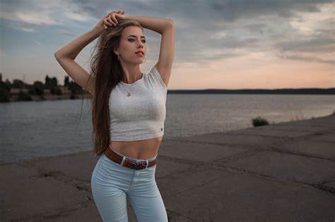 Wallpaper Women Outdoors Arms Up Long Hair Jeans Model Dmitry