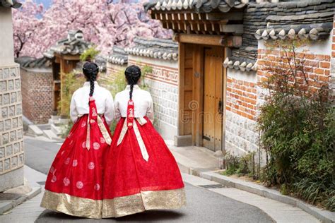 Asian Woman Traveler In Traditional Korean Dress Or Hanbok Dress Stock