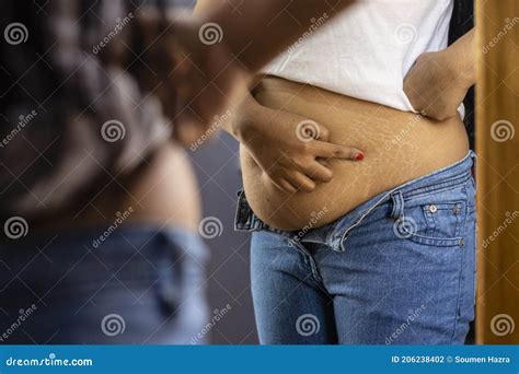 Belly Fat An Stretch Marks Woman Stock Photo Image Of Mirror