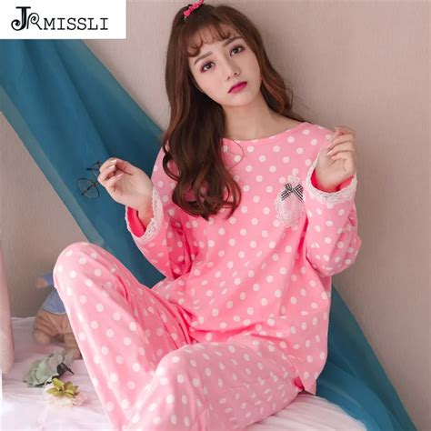 jrmissli new autumn 100 cotton long sleeve dot print women pajama sets comfortable big size m