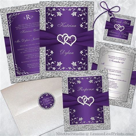 Purple Silver Wedding Invitation Set Joined Hearts Jewel Monogram