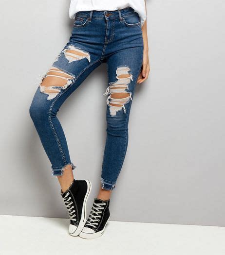 Dark Blue Ripped Fray Hem Skinny Jenna Jeans New Look Cute Ripped