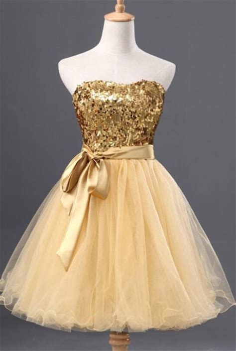 Ball Gown Strapless Short Gold Sequin Tulle Prom Dress With Sash