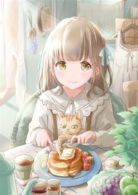 Download 1812x2549 Cute Anime Girl Eating A Pancake Cat Neko Cafe Ribbon Wallpapers
