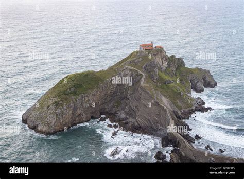Aerial View Of Island Islet And The Gaztelugatxe Temple In Twilight