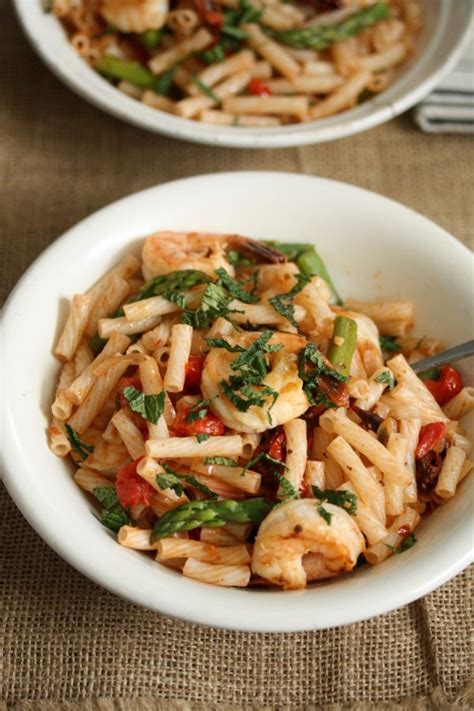Pasta with shrimp in tomato cream. Easy Shrimp Pasta Salad Recipe with Asparagus + Tomatoes