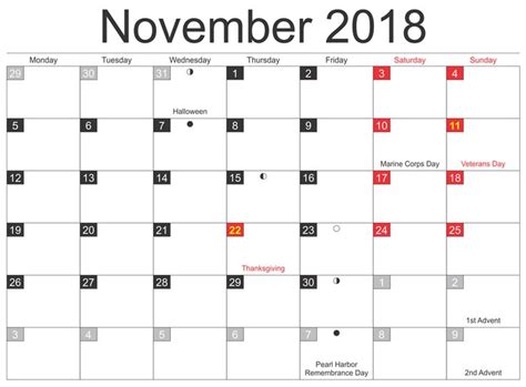 Printable November 2018 Calendar Holidays Excel Calendar Holiday
