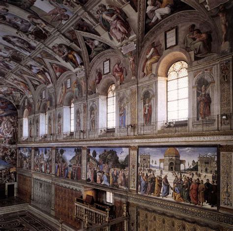 9 biblical scenes from genesis that move across the ceiling lengthwise (starts with god dividing light from dark and moves on chronologically). Frescoes in the Sistine Chapel