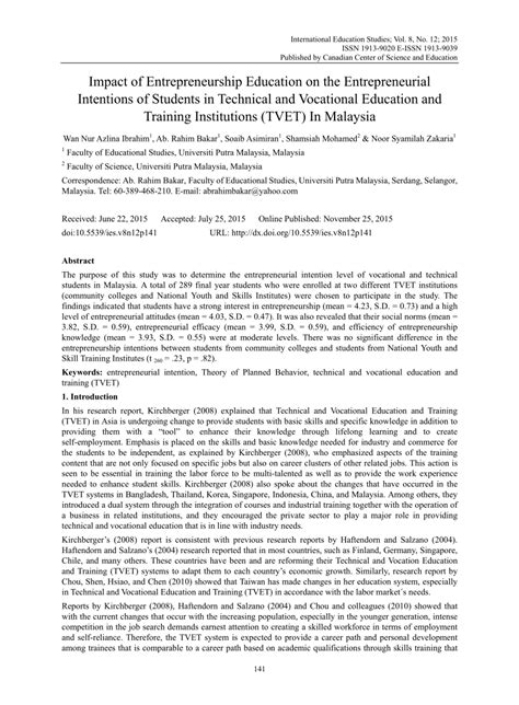 Malaysia's education blueprints emphasise technical and vocational education and training (tvet) as essential for the needs of the labour market and economy. (PDF) Impact of Entrepreneurship Education on the ...