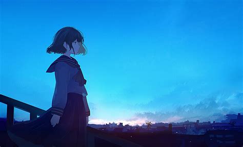 Wallpaper Short Hair Anime School Girl Scenic Ruins Sky Uniform