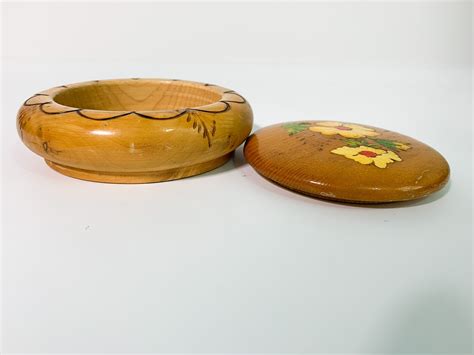 Vintage Hand Painted Round Oak Wood Box W Lid Storage Trinket