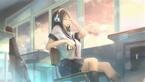 Wallpaper Anime Girl School Uniform Headphones