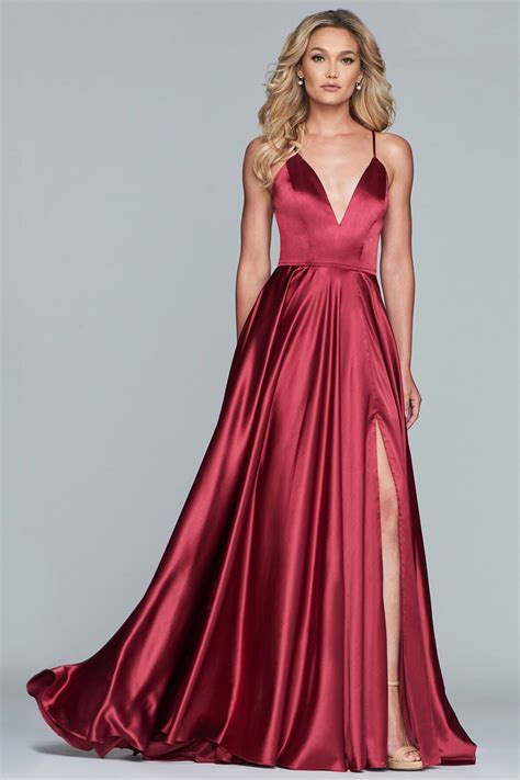 V Neck Satin A Line Prom Dress With Thigh Split At Ball Gown Heaven