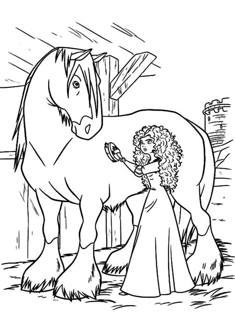 Free coloring pages home princess riding horse. Princess Merida Cleaning Her Horse Coloring Pages ...