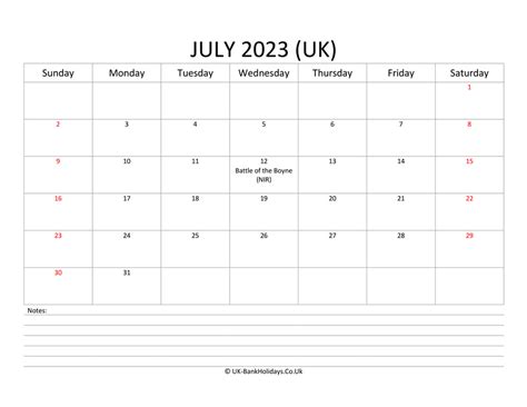 Download July 2023 Uk Calendar With With Notes