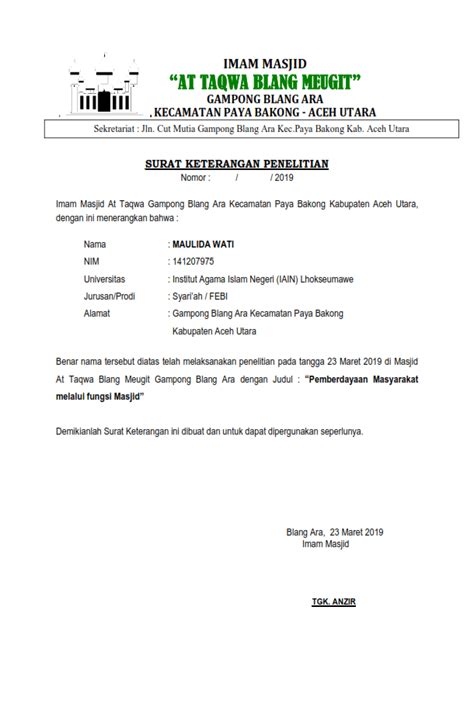 Sedang melakukan perjanjian kesanggupan dengan pihak lain, namun bingung formatnya seperti apa? Contoh Surat Keterangan telah melakukan penelitian ...