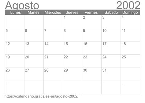 Calendario Agosto 2002 De España En Español ☑️ Calendariogratis